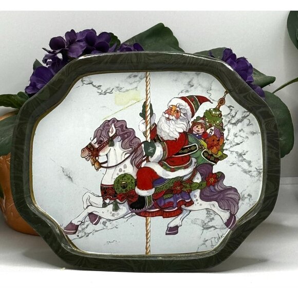 Santa Claus Carousel Horse Decorative Metal Tray With Green Marble-Like Edge - Picture 4 of 4